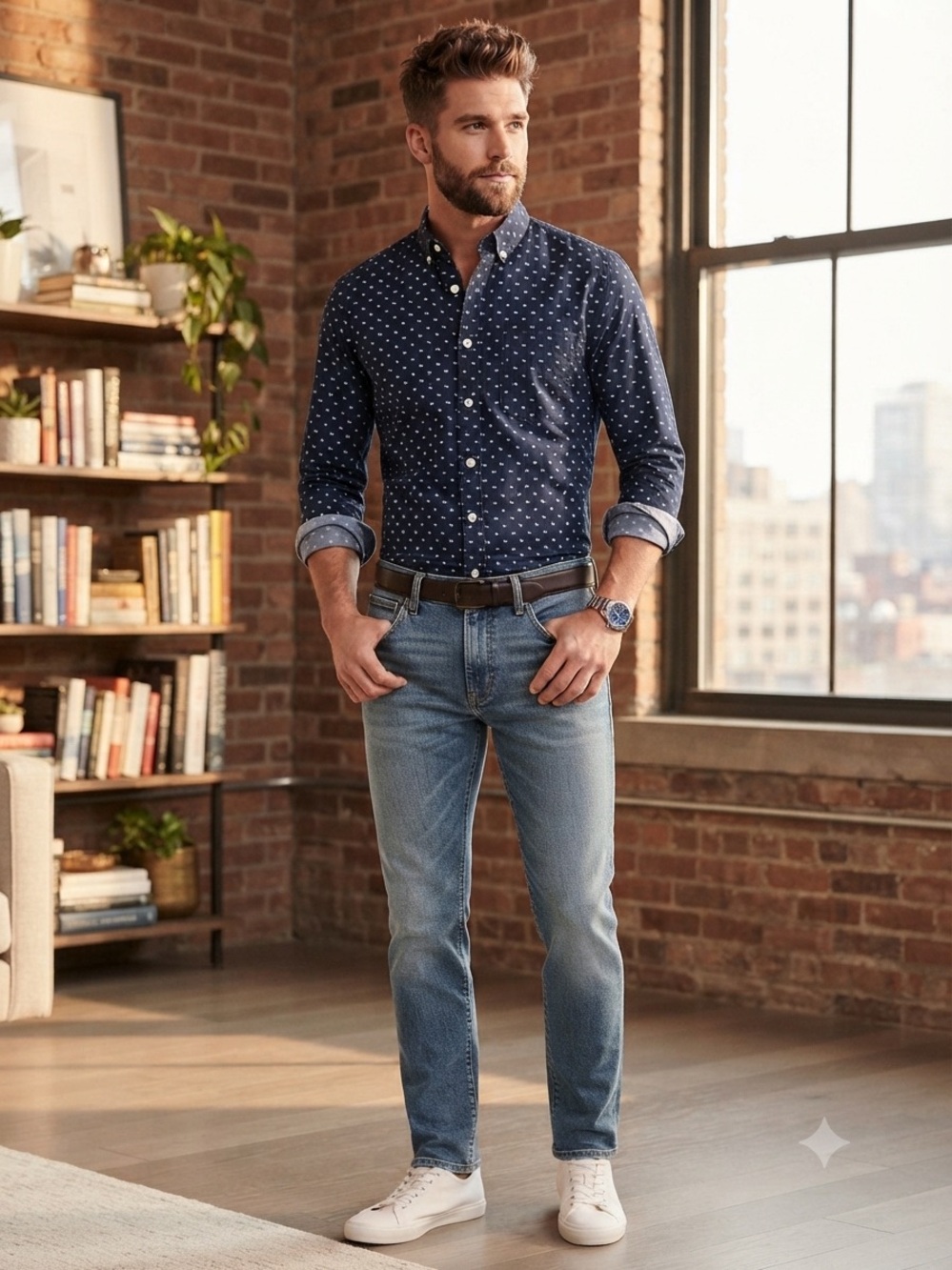 J. Crew Navy Button-Down Shirt with Light Blue Micro Print